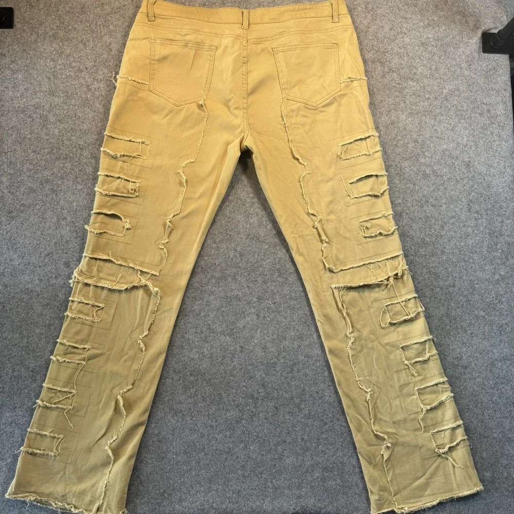Unbranded Distressed Patchwork Pants 38 Khaki Frayed Streetwear Detail